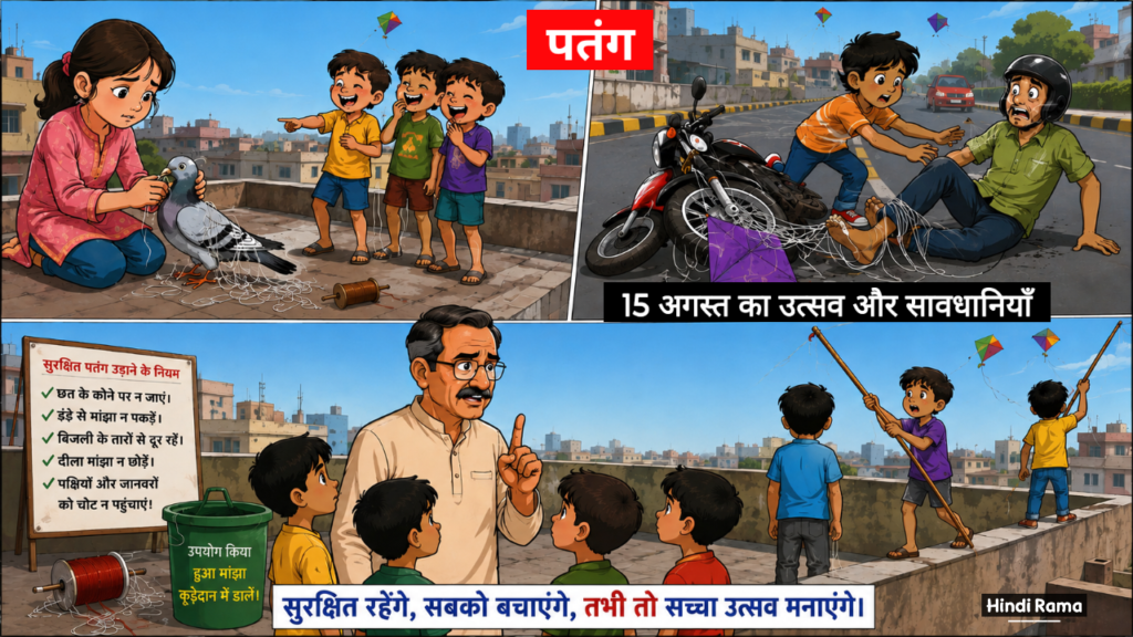 पतंग। 15 अगस्त पर सुरक्षित पतंग कैसे उड़ाएं? जरूरी सावधानियाँ। 15 August Safe Kite Flying Story। Hindirama.com