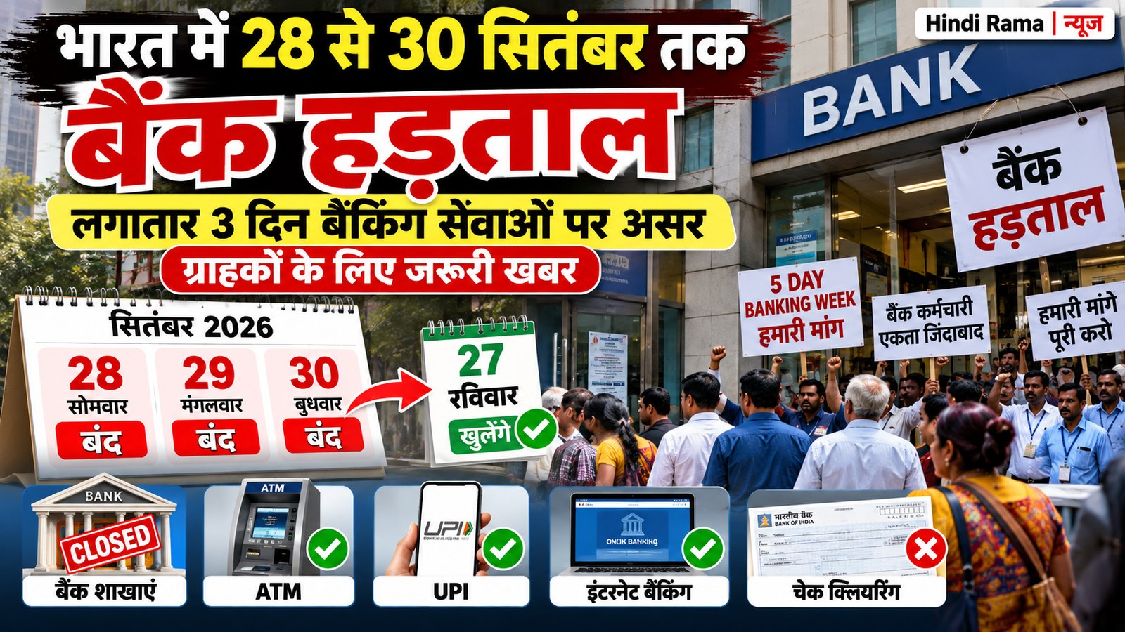 बैंक हड़ताल: 28 से 30 सितंबर तक बंद हो सकते हैं बैंक, जानें ग्राहकों पर कितना पड़ेगा असर