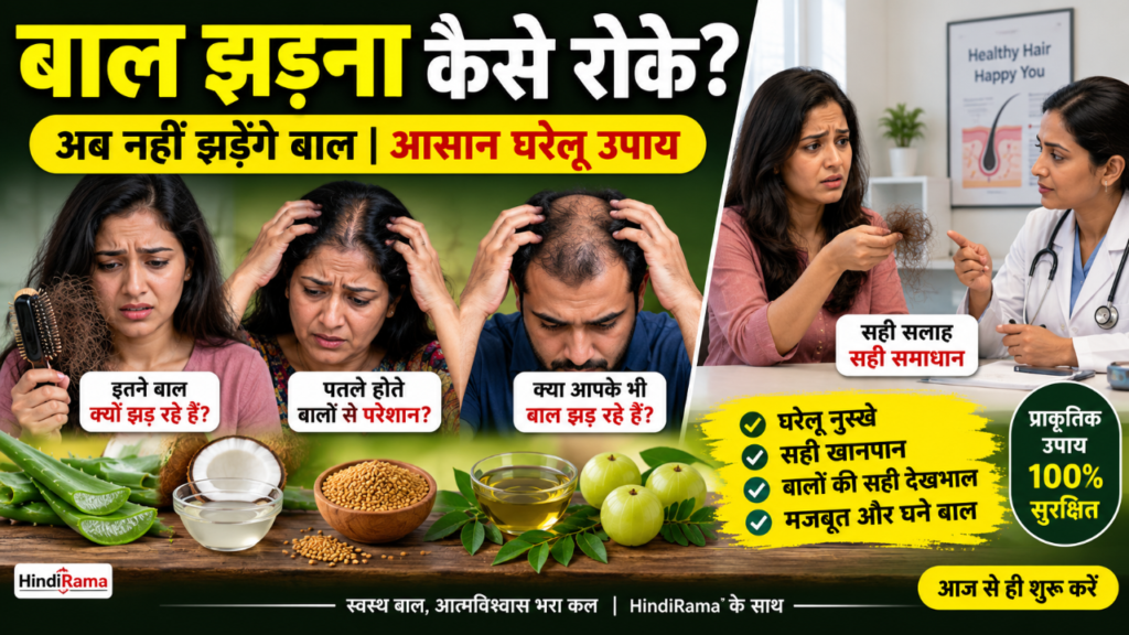 बाल झड़ना कैसे रोकें? जानिए घरेलू उपाय, कारण और सही खान-पान। Hindi Rama