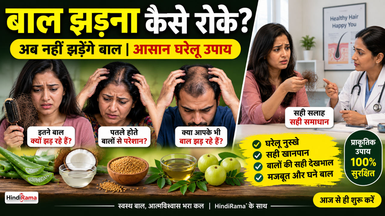 बाल झड़ना कैसे रोकें? जानिए घरेलू उपाय, कारण और सही खान-पान। Hindi Rama